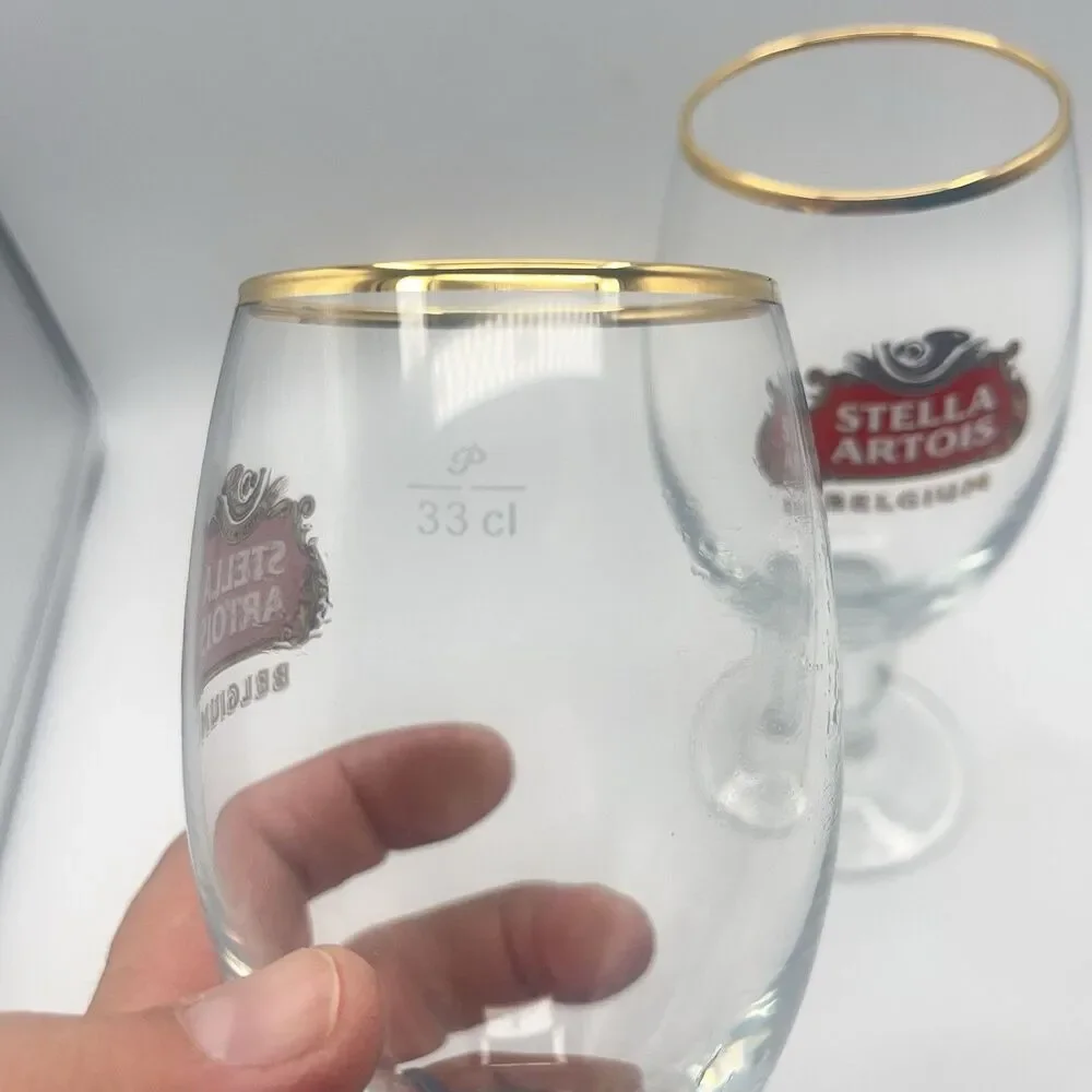 STELLA ARTOIS Belgium Chalice Beer Glass 33 CL Gold Rim (Set Of 2)